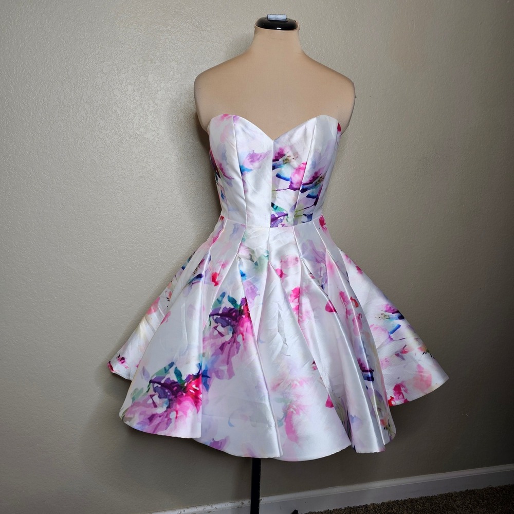 Rachel Allan Watercolor Floral Strapless Cutout Back Mini A-line Dress White 6